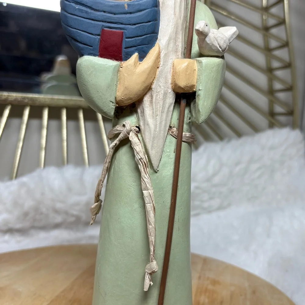 Vintage Wooden Noah Figurine Holding Ark & Dove Staff 10